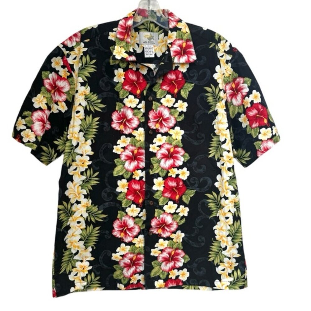 Ho Aloha Vintage Hawaiian Cotton Floral Shirt Tropical Button Up Black Red Top M